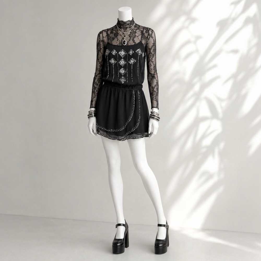 Forever 21 Black Silver Beaded Sequin Mini Dress L Blouson Goth Party Dress - Picture 9 of 9